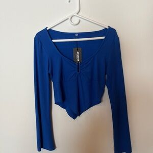 Royal Blue Long Sleeve Ruched Crop Top – Asymmetrical Hem & Square Neckline